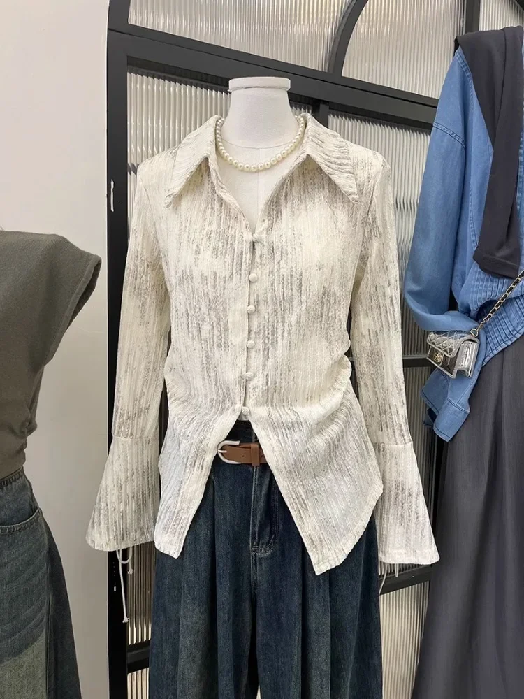 

Корейские модные рубашки с воротником с лацканами, женские винтажные блузки с тонкой талией Y2k, весенне-осенние новые Blusas Mujer с длинными рукавами