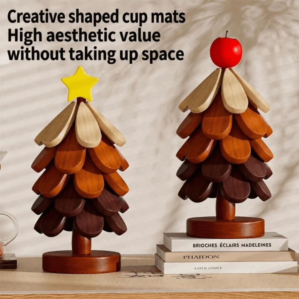 Multi-functional Wooden Coaster Set 3/4/5-Layers Tree-shaped Cup Pad With Storage Stand Heat-resistant Trivet Home Decor