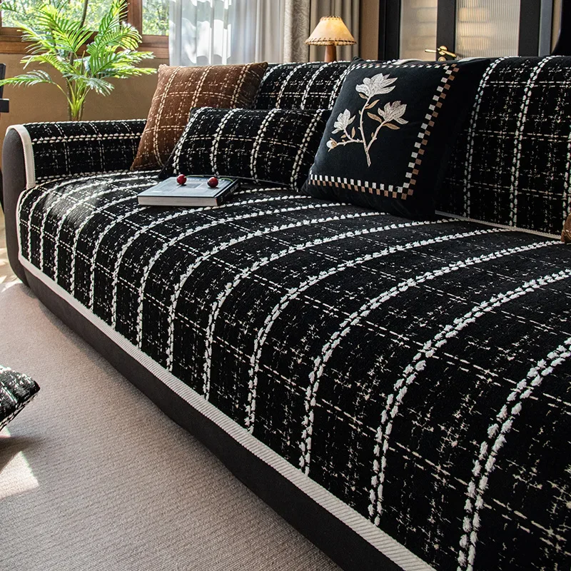 Chinese Antique Chenille Plaid Sofa Cushion Luxury Non-Slip Sofa Cover for Four Seasons Vintage Anti Cat Scratch Home Decoration