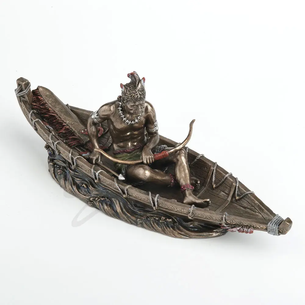 Native American Hunter in Canoe Resin Figurine Bronze Finish Tribal Warrior with Bow Statue Home Decorative Collectible Ornament