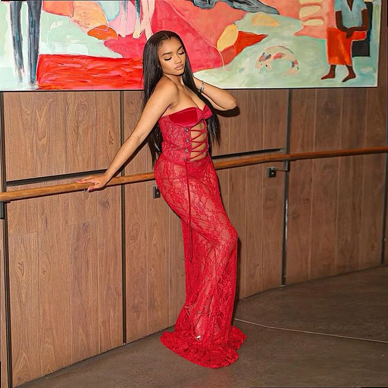 Sexy Off Shoulder Tube Top Lace See Through Bodycon Long Dress Spring Summer Matching Set