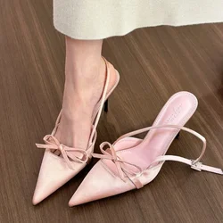 2024 Design Summer New Sexy Pointed Bow Sandals Women Heeled High Heels Wedding Party Women's Pink Heels