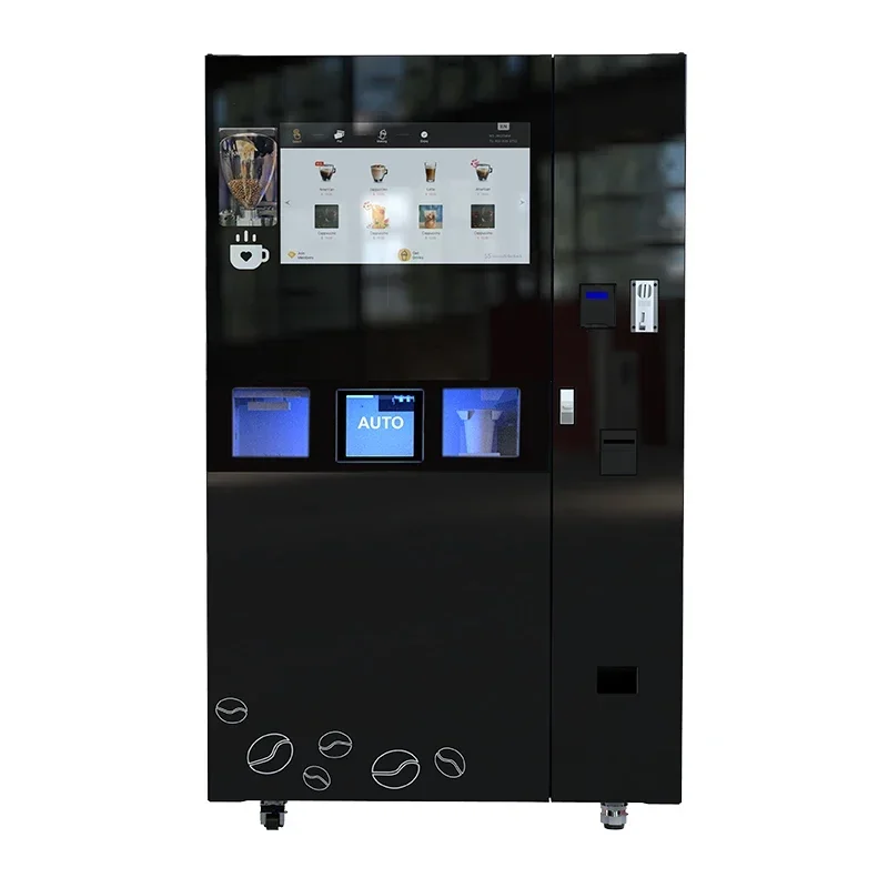 Humanized freshly ground coffee machine with ice maker and automatic capping device