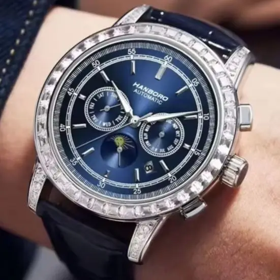 HANBORO Men Automatic Watch 43.5mm Mechanical Wristwatch Sapphire Mirror Waterproof Multi-Dial Month Week Date Sun-Moon