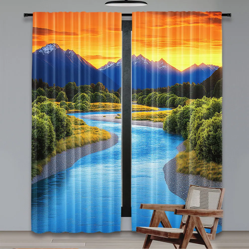 2Pcs Eastern Curtain Sunset Over Bend Of The River Clutha Alps Peaks On Horizon New Zealand For Bedroom Living Room And Dining