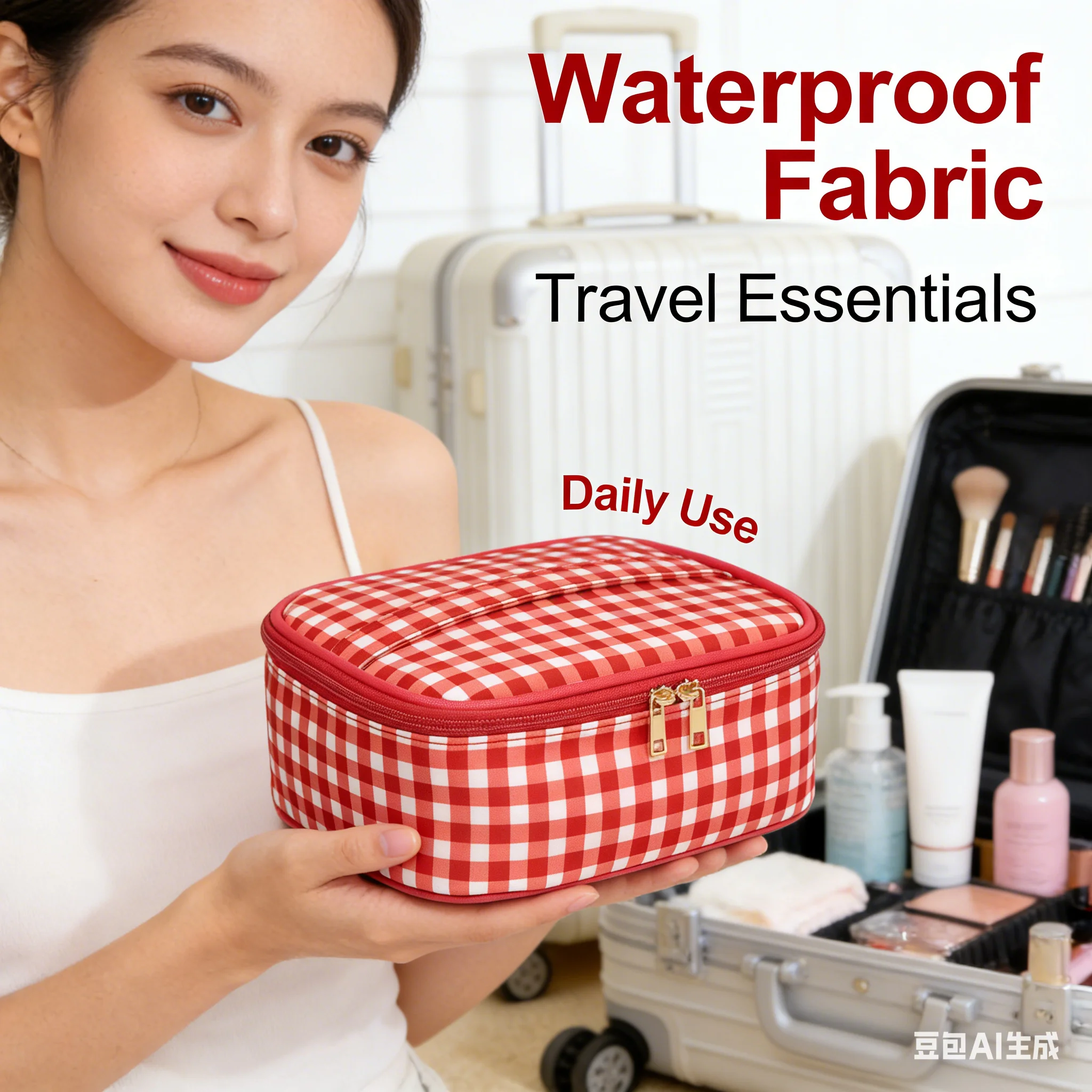 

Красная клетчатая косметичка-органайзер Gingham Bag для путешествий, простая водонепроницаемая сумка на молнии для туалетных принадлежностей на каждый день