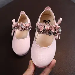 Baby Girls Princess Shoes With Big Flower Lace Autumn Non-slip PU Shoes Student Girl Shoes Soft Sole Leather Flats for Kids