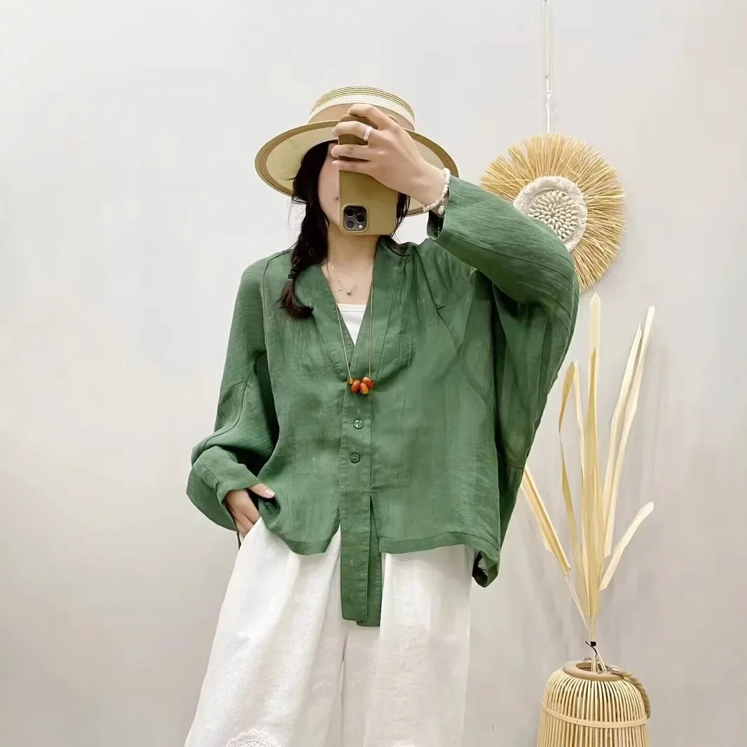 

Solid color spring and summer new loose cardigan women's design sense literary style open-breasted long-sleeved casual shirt