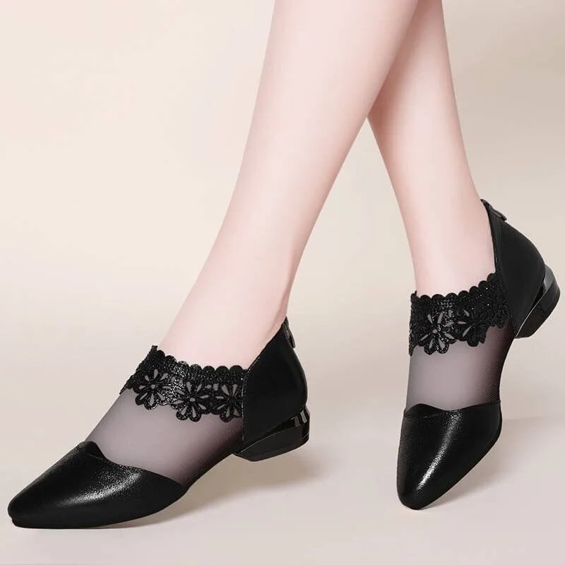 Sexy Pointed Lace Zipper Flats Elegant Mesh Breathable Women Ladies Loafers Black Non-Slip Leisure Office Shoes Wedding Shoes