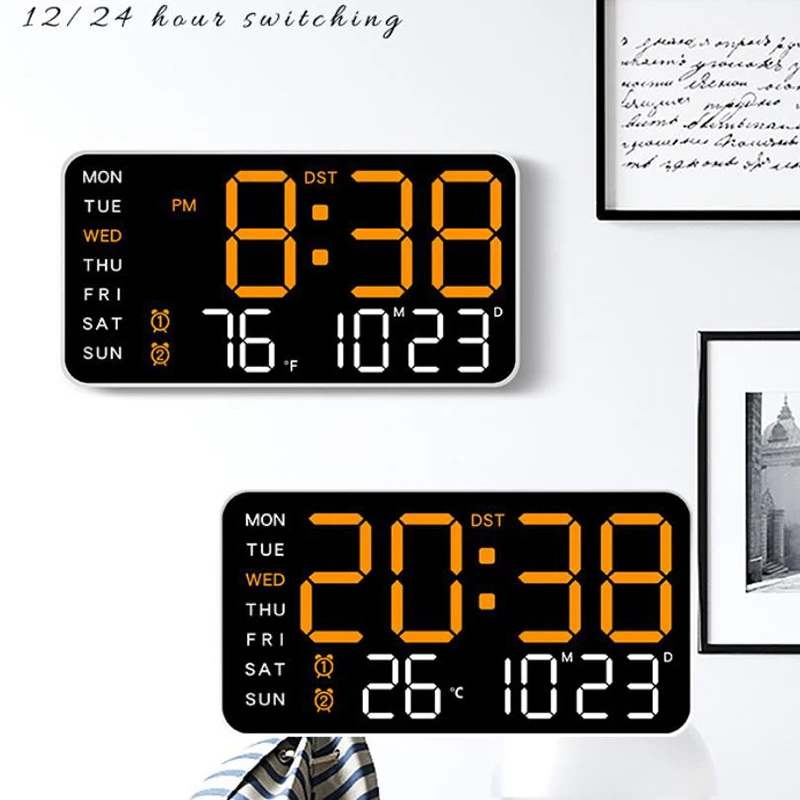 C Large Digital Wall Clock Week Date Temperature Display Voice Control Table LED Alarm Clocks Brightness Adjustable 12/24H Clock