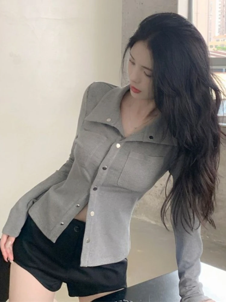 Autumn Korean Chic Long Sleeve Pockets Shirts Slim All Match Y2k Aesthetic Women Blouse Fashion Elegant Trendy Blusas De Mujer