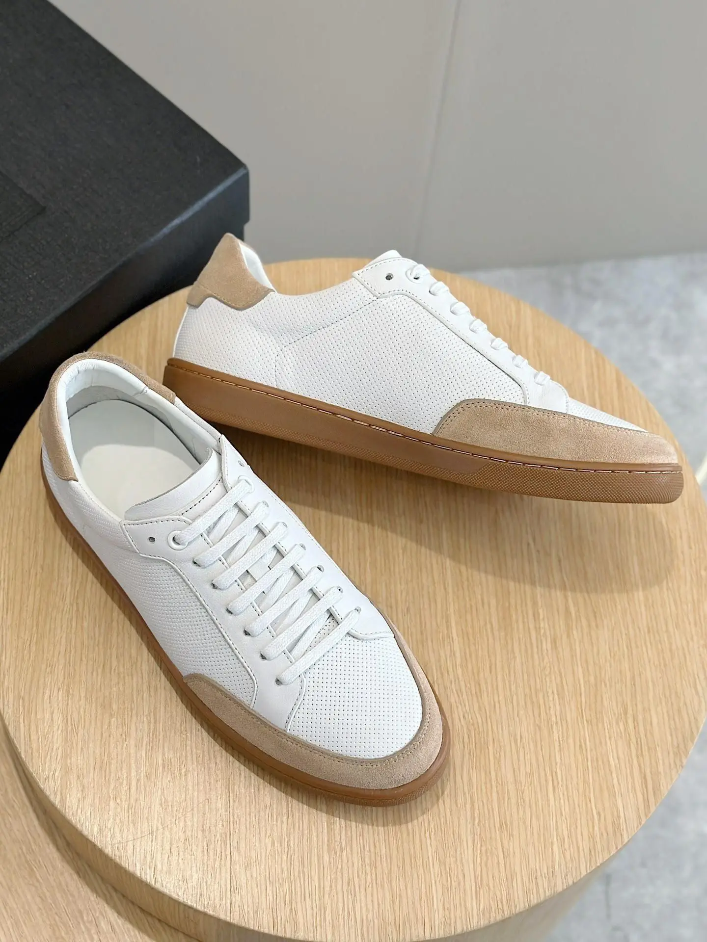 Unisex Low Top Casual Sneakers White Perforated Leather & Beige Suede Toe Cap Lace Up Gum Sole Walking Shoes