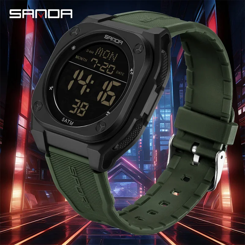 SANDA LED 디지털 남자 시계 다기능 알람 시계 빛나는 방수 실리콘 손목 시계 캐주얼 학생 전자 시계