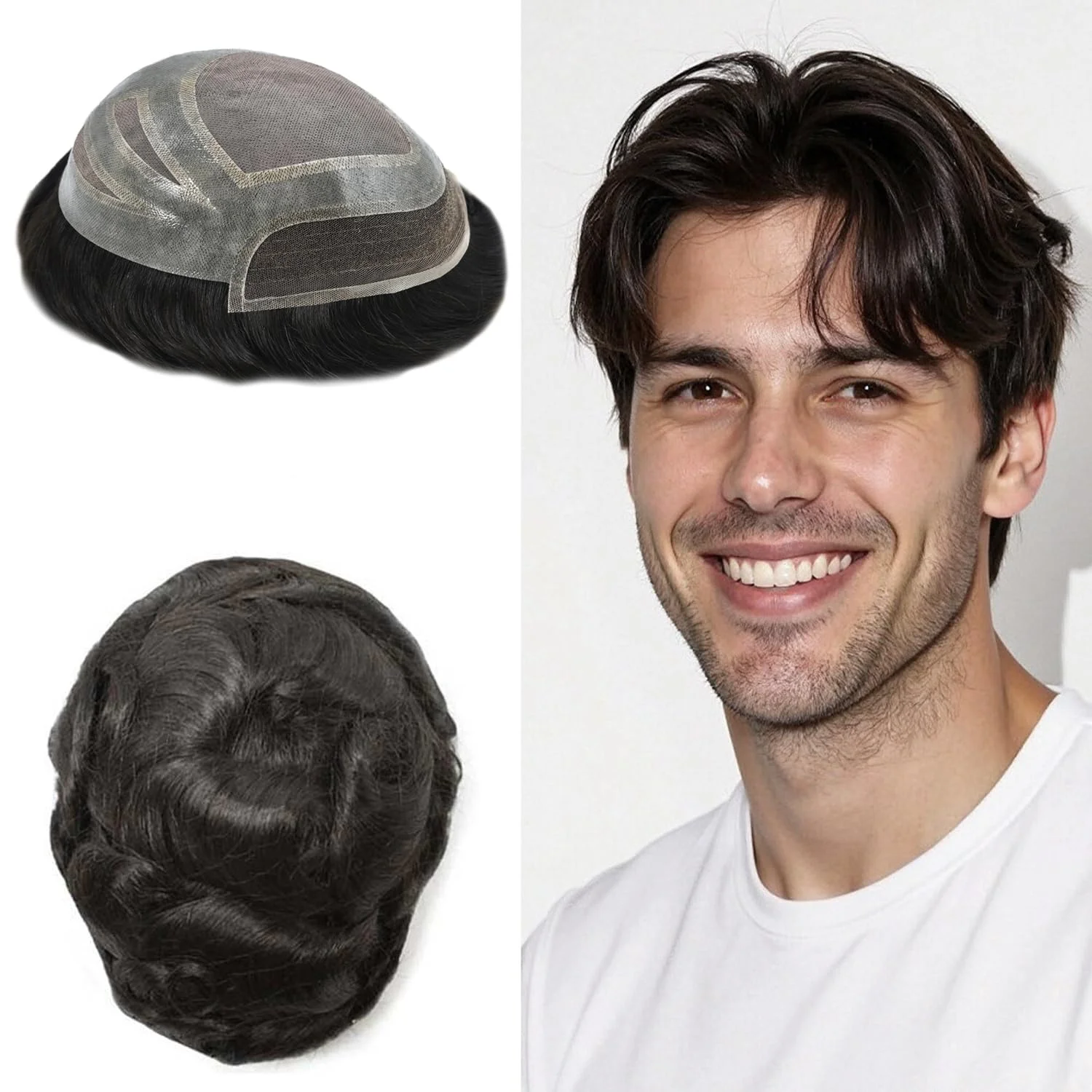 باروكة شعر بشري 100% للرجال من OCK - دانتيل أمامي وأعلى، قاعدة 8 × 10 بوصة، طول شعر 6 بوصات، نسيج مموج، تصميم دانتيل شفاف #1