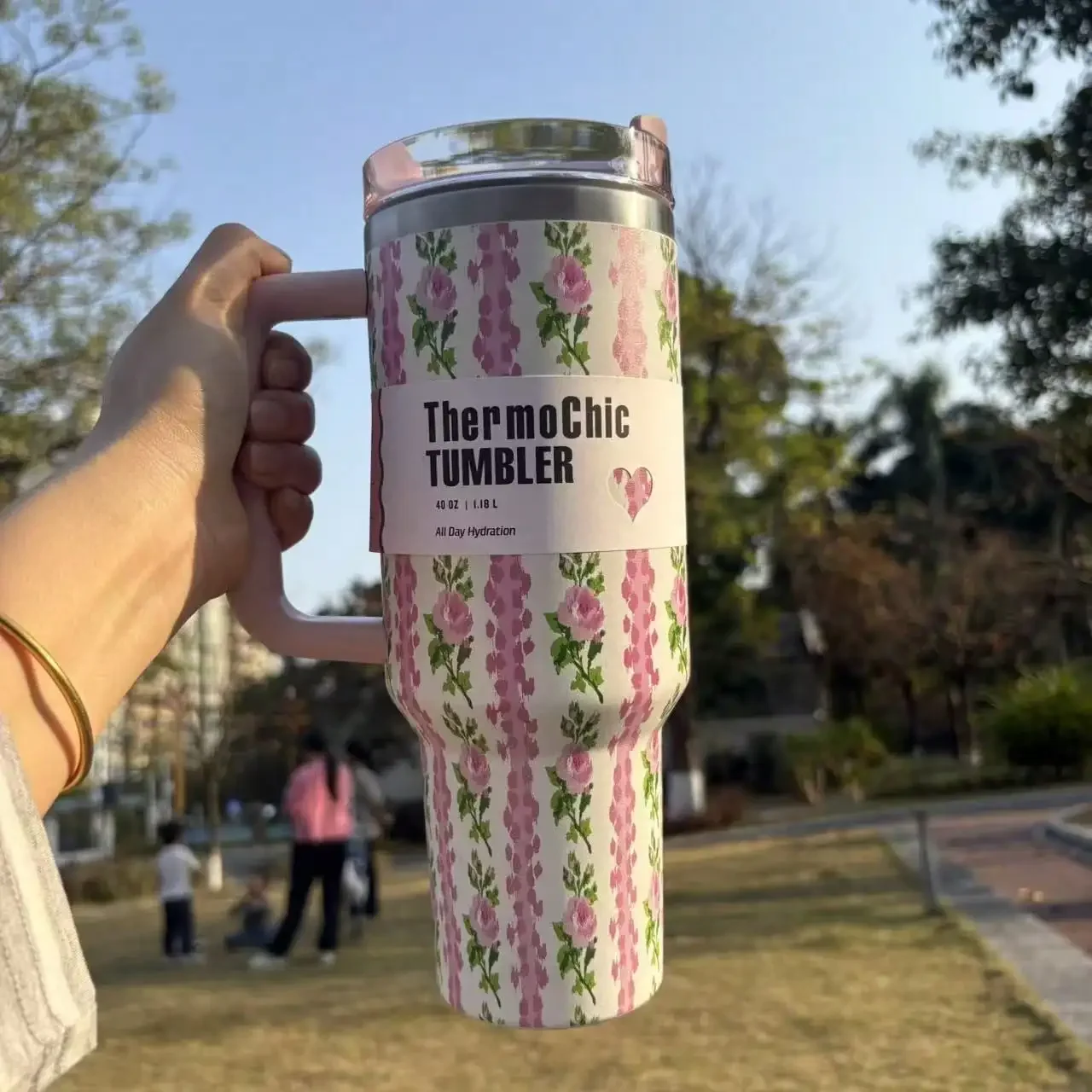 40oz Tumbler with Handle Pink Floral Print Insulated Cup, Other Colors Out of Stock, Random Black‑White Shipment