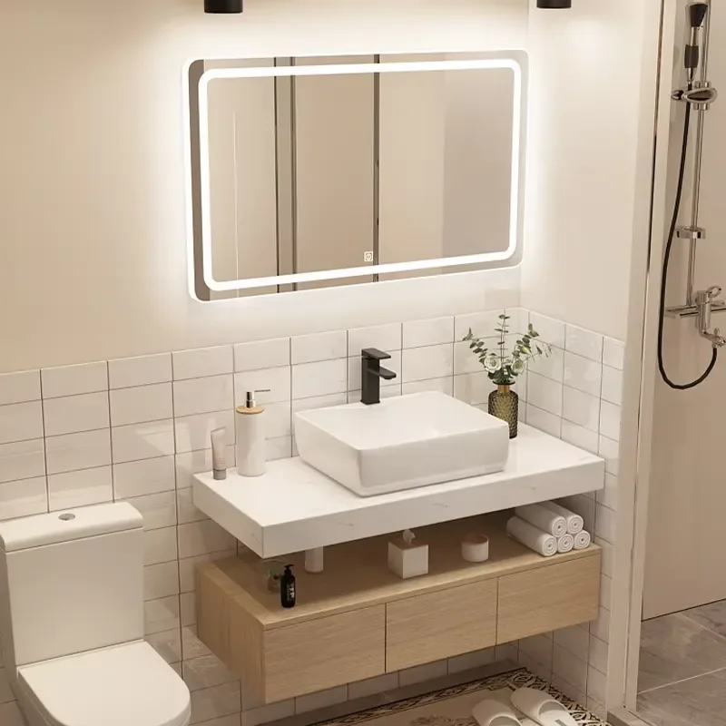 Modern Multi-Layer Solid Wood Bathroom Cabinet Set with Integrated Ceramic Sink and Mirror Durable & Easy Clean