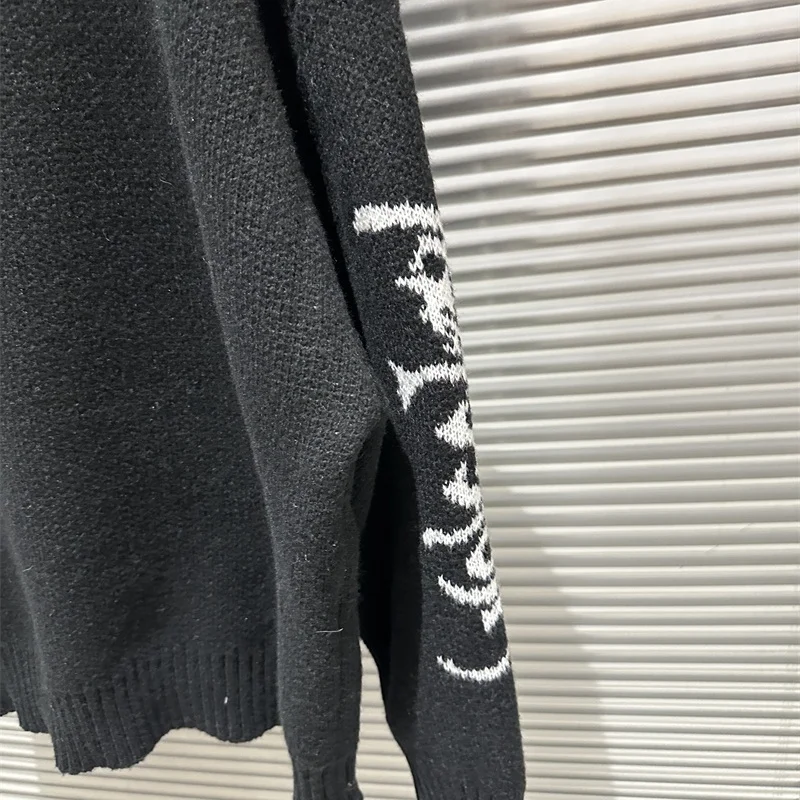 Suéter negro de cuello redondo de Jacquard de gran tamaño de High Street para hombres y mujeres suéter de punto grueso cálido informal Grailz Project G/R