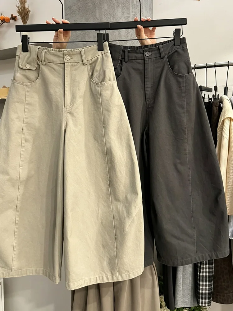 Retro Workwear Style High Waist Loose Wide Leg Pants Women's Early Autumn plus Size Slimming Washed Shape Casual Trousers
