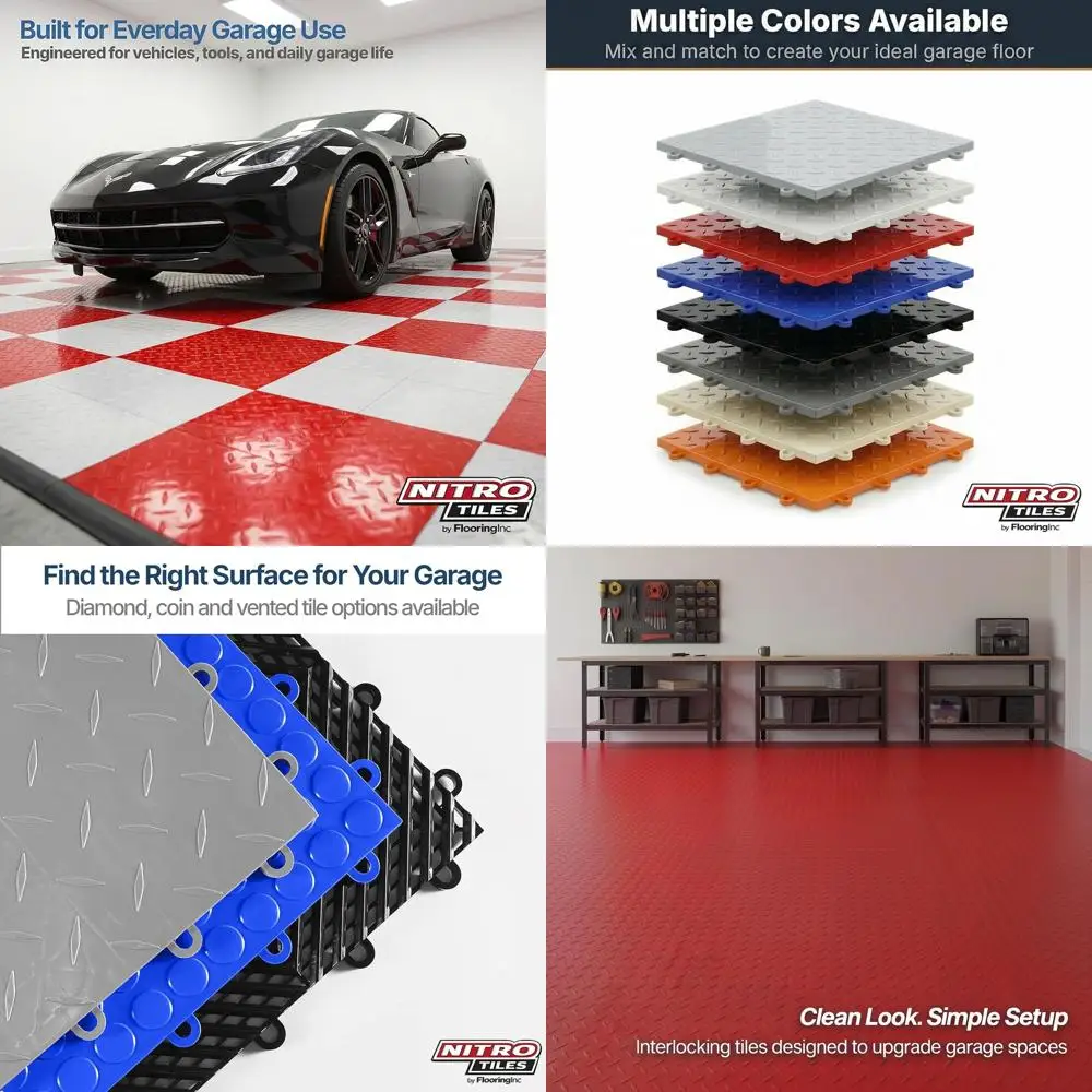 

12 x 12 Heavy-Duty Interlocking Garage Floor Tiles, Diamond Pattern Polypropylene Flooring, Non-Slip Snap-Together System, Red,