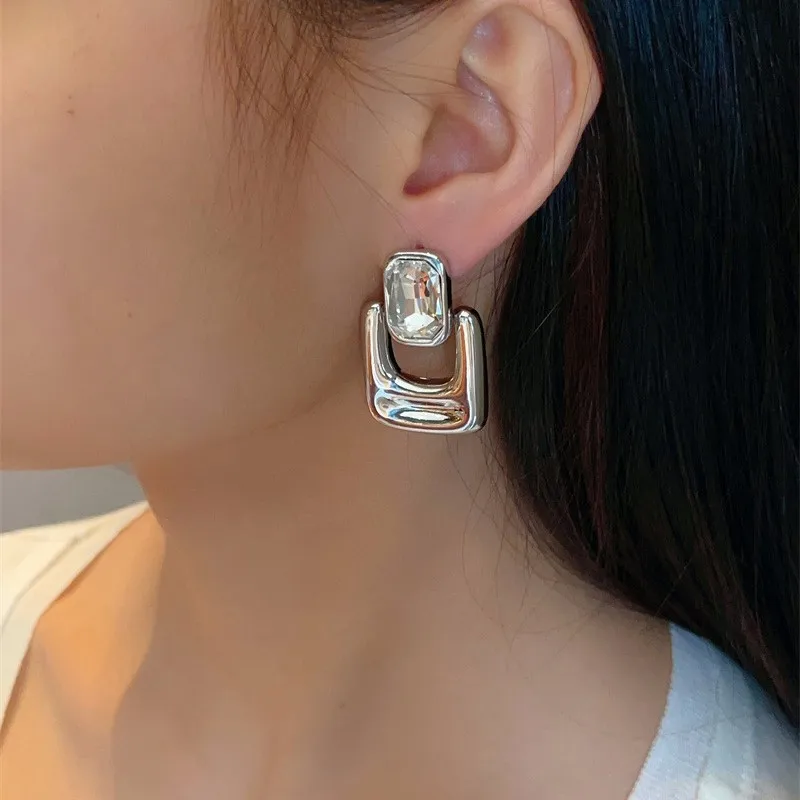 Vintage Geometric Metal Smooth Square Crystal Earrings for Women Europe And America Personality Exaggerated Party Jewelry Gifts - view 3