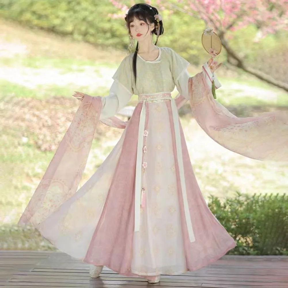 ‌ 오리지널 당나라 한복 세트 - 여성용 라운드 칼라 베이지 + 하이웨이스트 롱 스커트 3피스 전통 중국 스타일 한복 의상