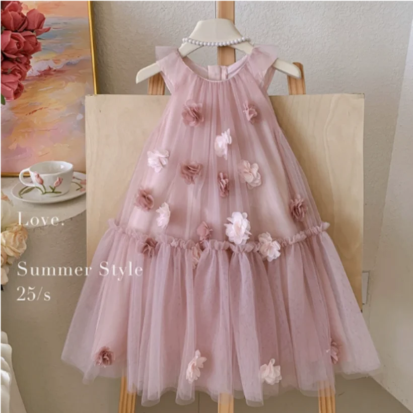 

Корейская детская одежда, весеннее платье 2021, милое и милое платье принцессы, детское сетчатое платье с лацканами и цветочным принтом для девочек