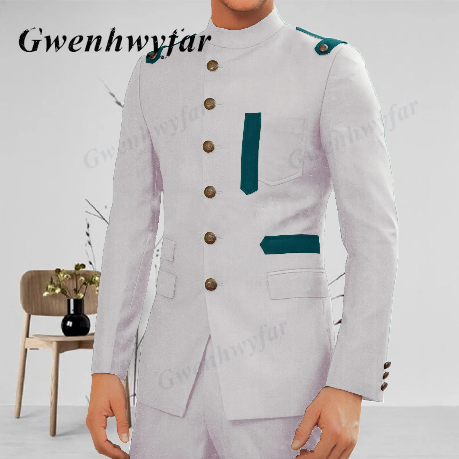 

Gwenhwyfar, мужские костюмы белого цвета в африканском стиле, модные смокинги для жениха, свадебной вечеринки, куртка на плечо с темно-зелеными ремнями