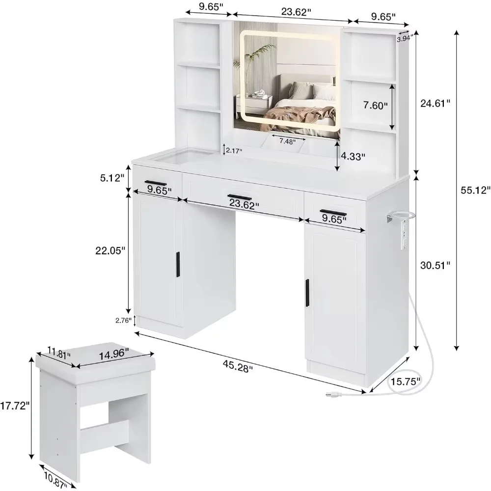 Tocador con espejo y luz, tocador con cajones y mesa de almacenamiento, con luz LED, con enchufe