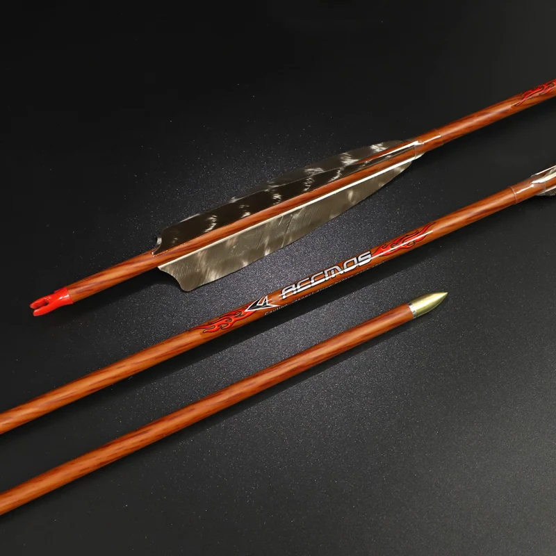 ACCMOS Wood Skin Carbon Arrows With 5'' Natural Feathers ID6.2mm 32in Shaft Spine 300 400 500 600 700 800 Shooting Hunting Arrow