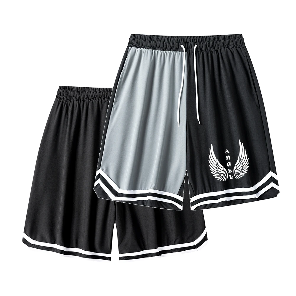 

Summer Men's Street Style Basketball Shorts Color-Blocked Striped Wing Print Drawstring Fitness Running Shorts With Pockets