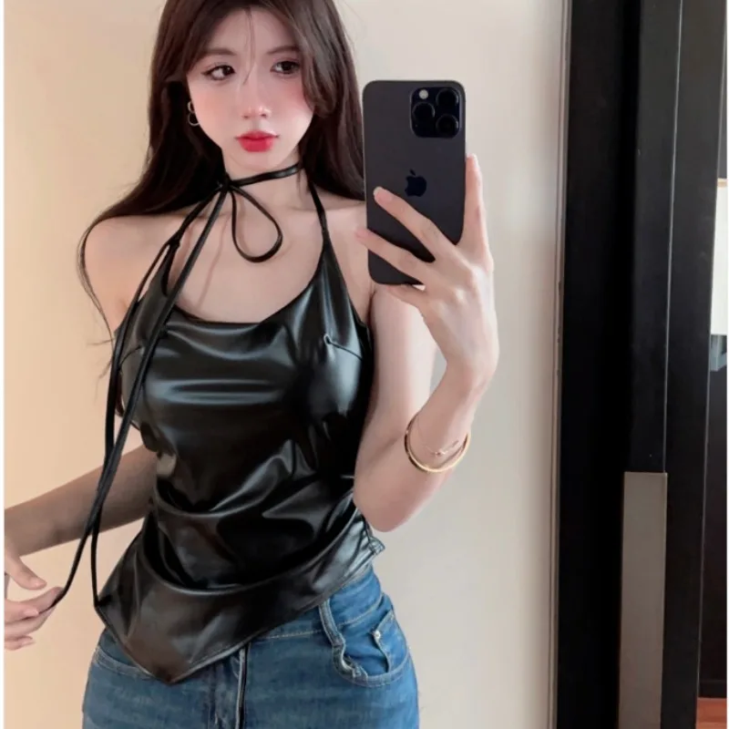 

Pu Leather Sling Y2K Top Vest Women Summer Sexy Korean Streetwear Retro Slim Harajuku Aesthetic Hanging Neck Tops Women Clothing