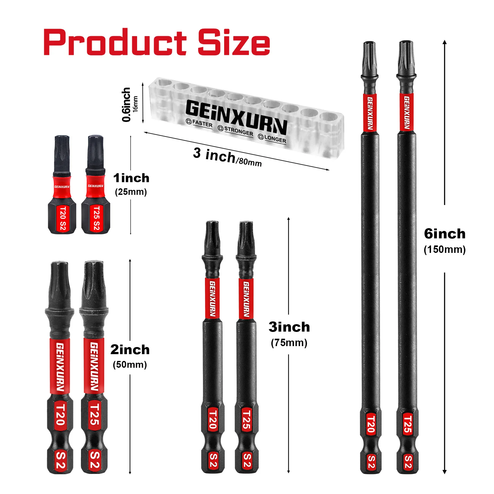 Geinxurn 20 stks 1''/2''/3''/6'' Impact Magnetische Schroevendraaier Bit Set (T20/T25), S2 Gelegeerd Staal Power Bit Set met Organizer