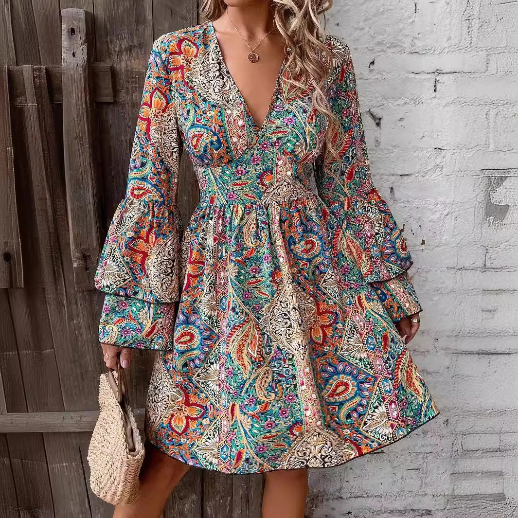 Women's Boho Floral Printed V-Neck Flared Sleeve A-Lined Dress Autumn Ladies Holiday Beach Vacation Casual Sundress Size S-3XL