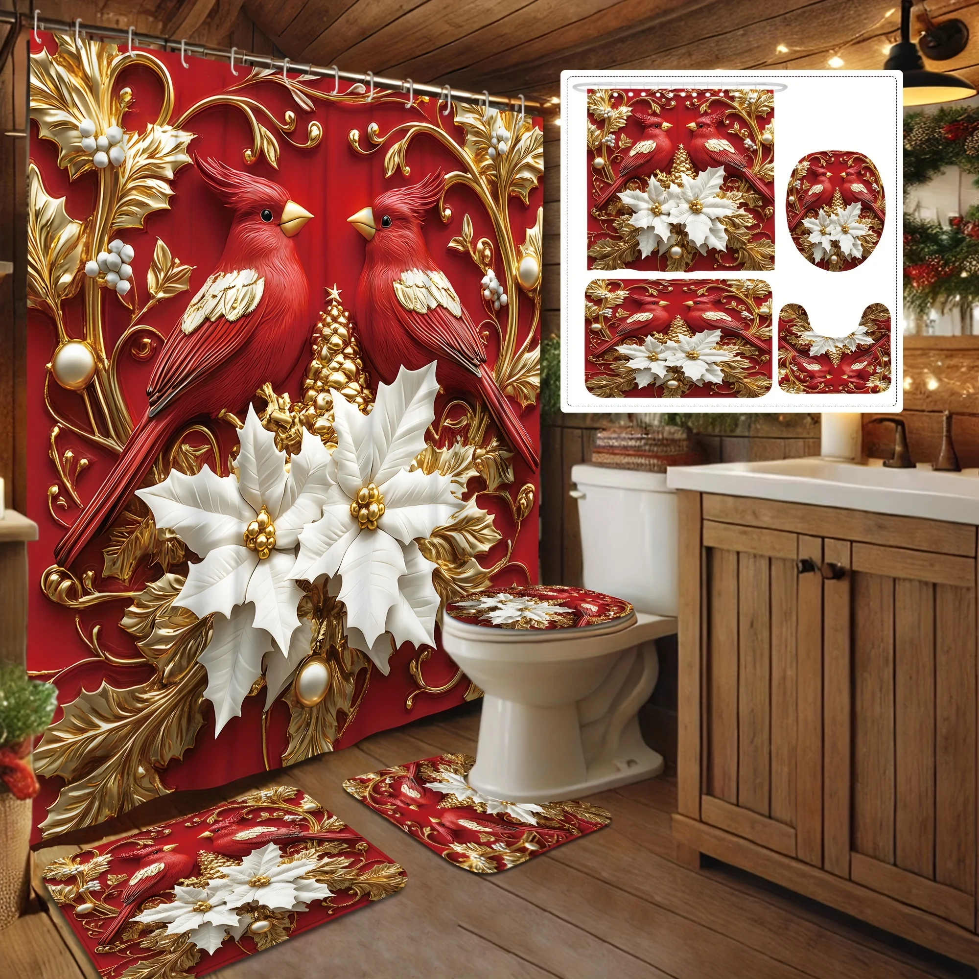 

4Pcs Xmas Winter Bath Set, 3D Star & Red Bird Design, Includes Hooks, Non-Slip Mat, U-Shaped Toilet Cover, Xmas Gift