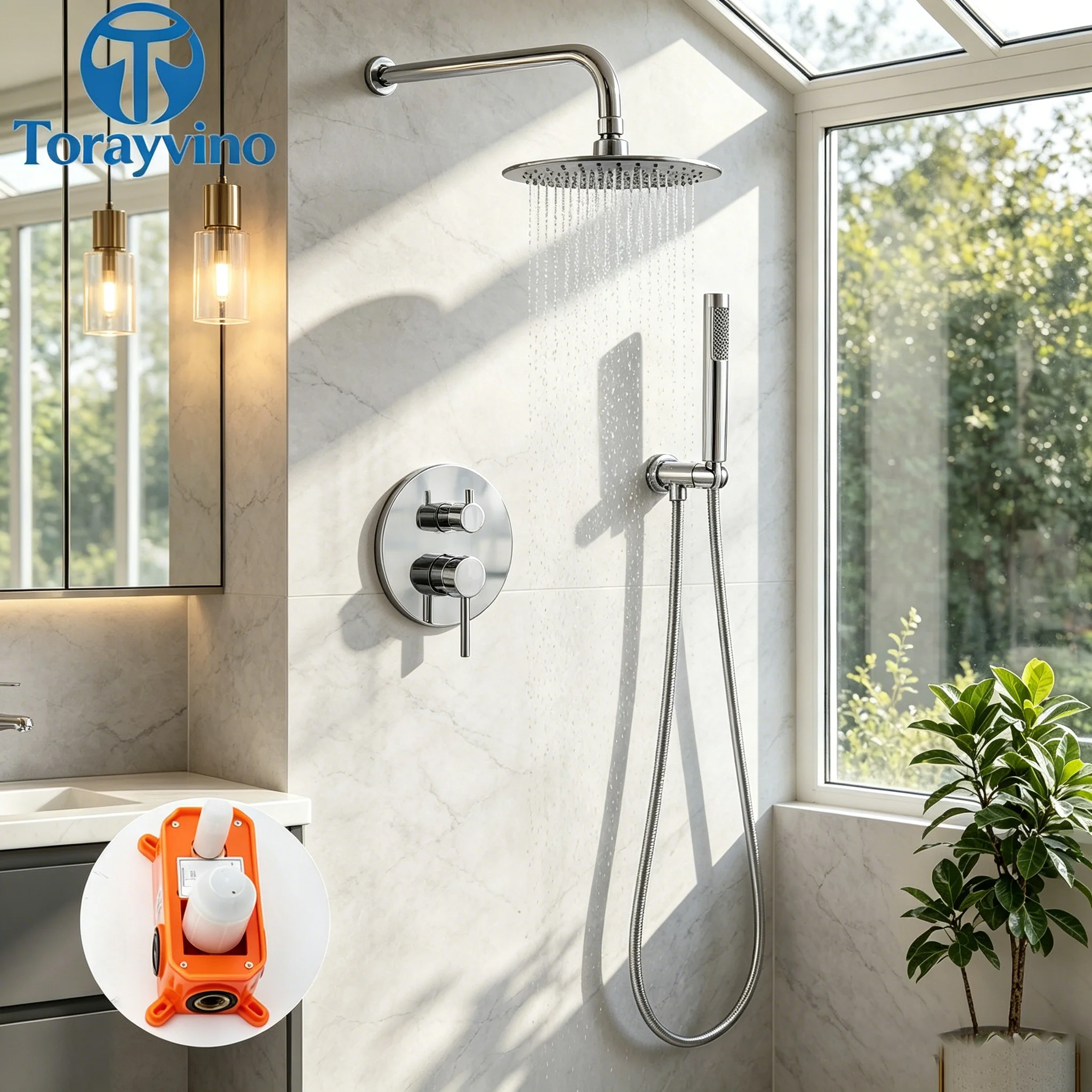 Torayvino Chrome Shower Faucet Set With Bathroom Three Rain Shower Head Outdoor Shower System Set Complete Bathtub Kit Mixer Tap