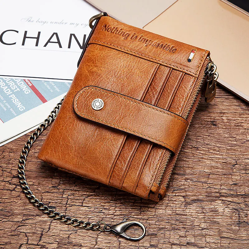 2023 Genuine Crazy Horse Leather Men Wallets Credit Business Card Holders Double Zipper Cowhide Leather Wallet Purse Black Brown