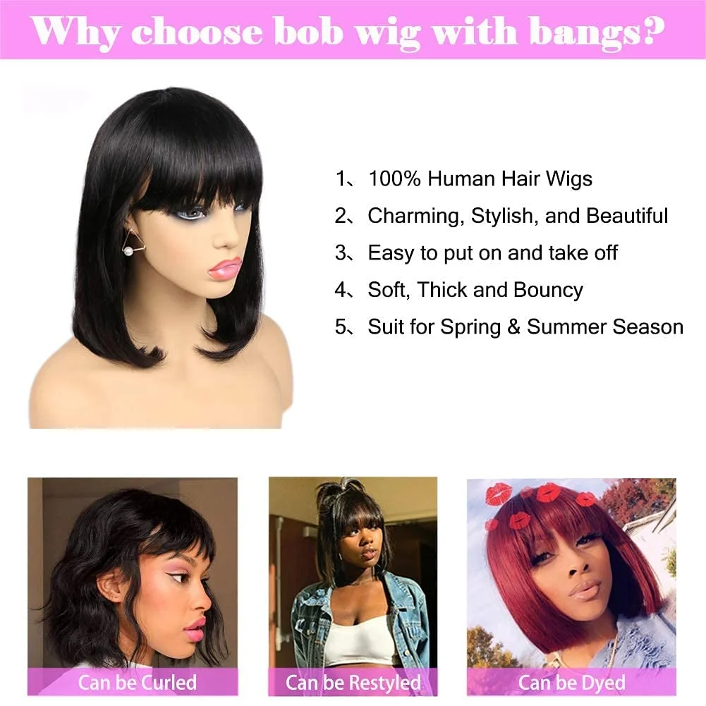 Short Bob Human Hair Wig With Bangs For Women Brazilian Glueless Pixie Cut Straight Wigs Cheap 100% Human Hair Wig On Sale