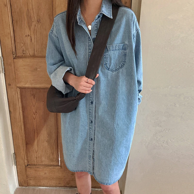 Women Denim Dress Loose Casual Long sleeve Wash Shirt Dresses Spring Autumn French Retro Lapel Solid Single Breasted Jean Dress