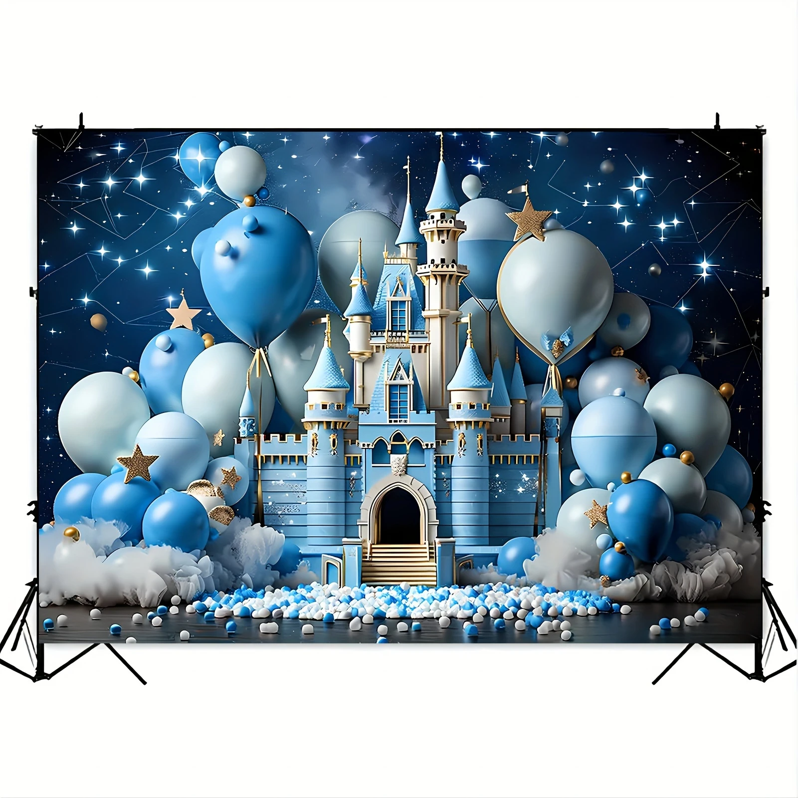 Charming Blue Castle & White Balloons Backdrop - Versatile Polyester Decor For Birthdays, Baby Showers, Photo Booths & More