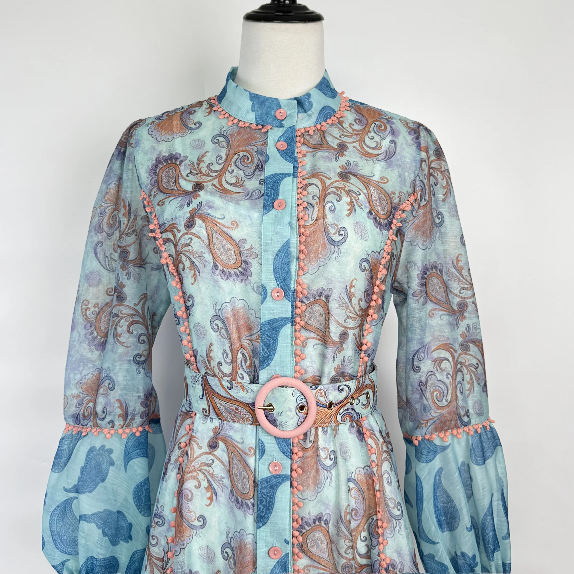 Retro australiano cintura tuerca flor Color Blo Faion un solo botón encaje Patchwork Stand Collar linterna Sve Dr Midi Dr