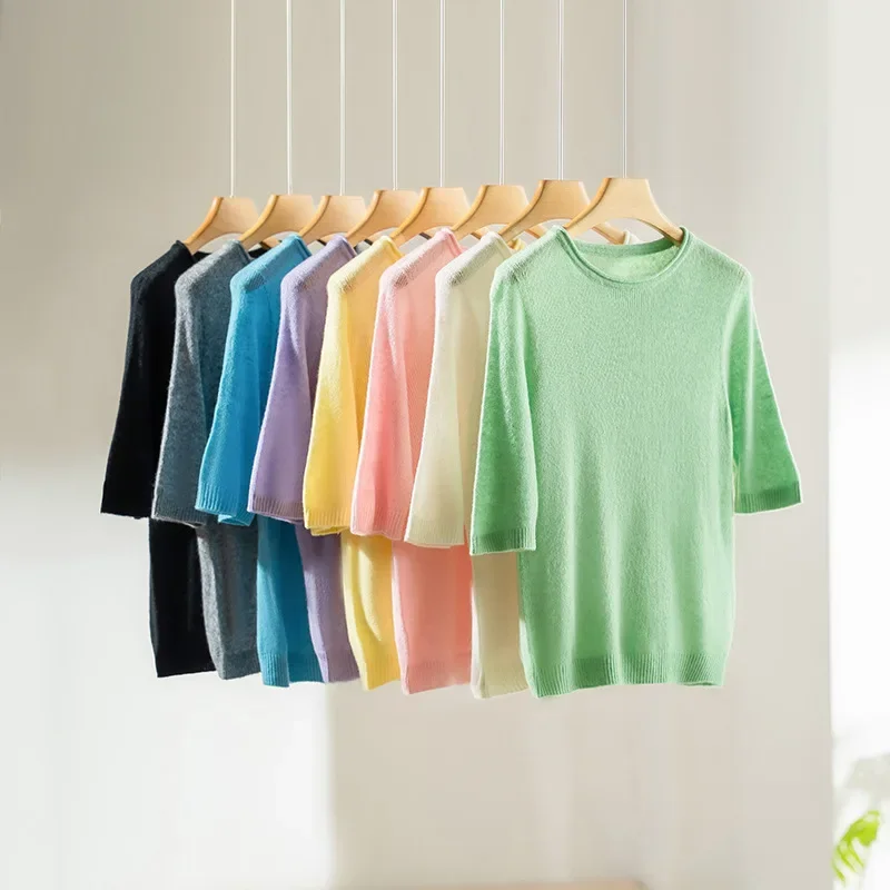 

2025 Women's Casual Autumn New Seamless Integrated 32% Wool Blend Round Neck Rolled Edge Half Sleeve Solid Color Knitted Sweater