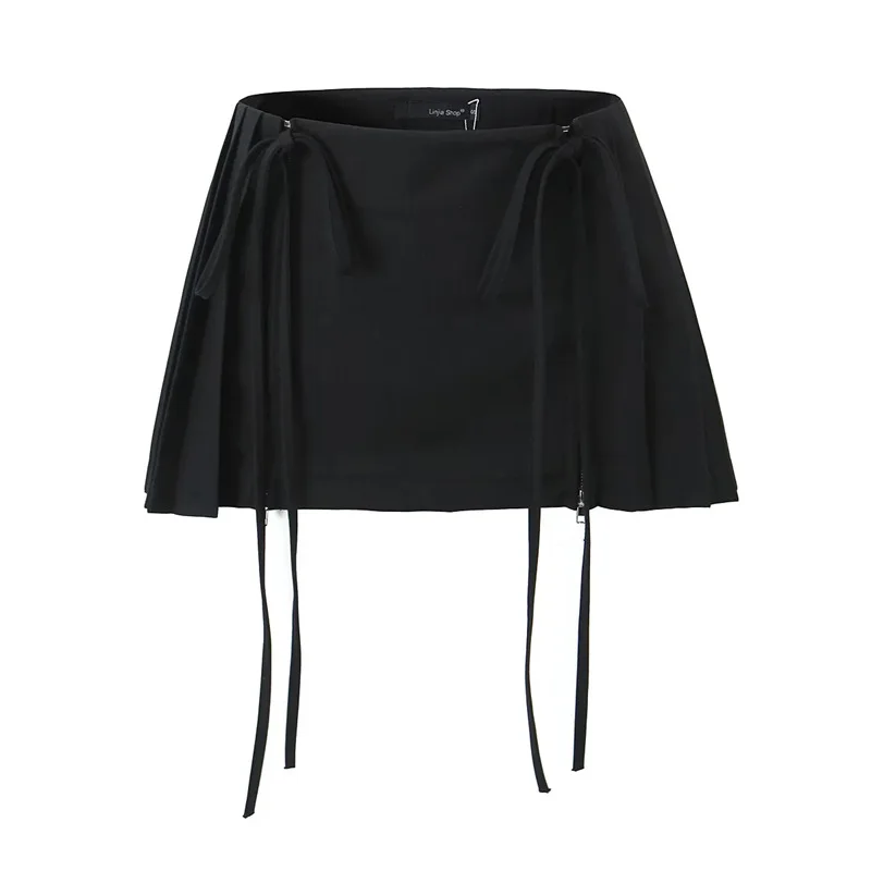 Sexy Lace Up Double Zipper Pleated Mini Skirt 2026 New Summer Fashion Elegant Women Low Waist Skirts Outfits Bottom Y2K
