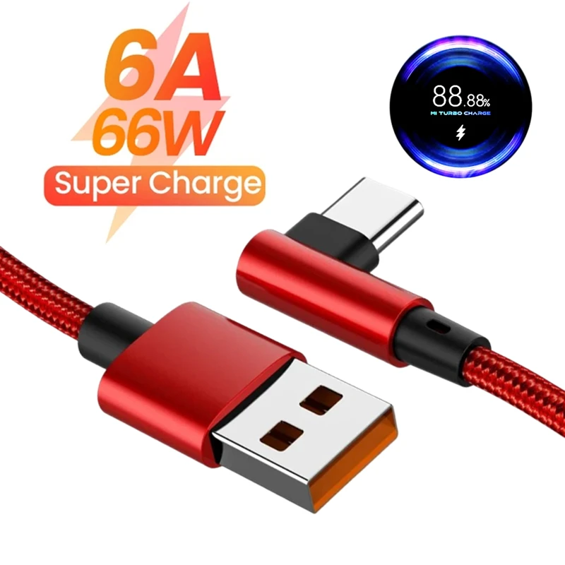 

6A 66W Gaming Elbow Type C Fast Charging Cable for Xiaomi Redmi POCO Huawei Honor OPPO realme OnePlus VIVO iQOO Type-C USB Cable