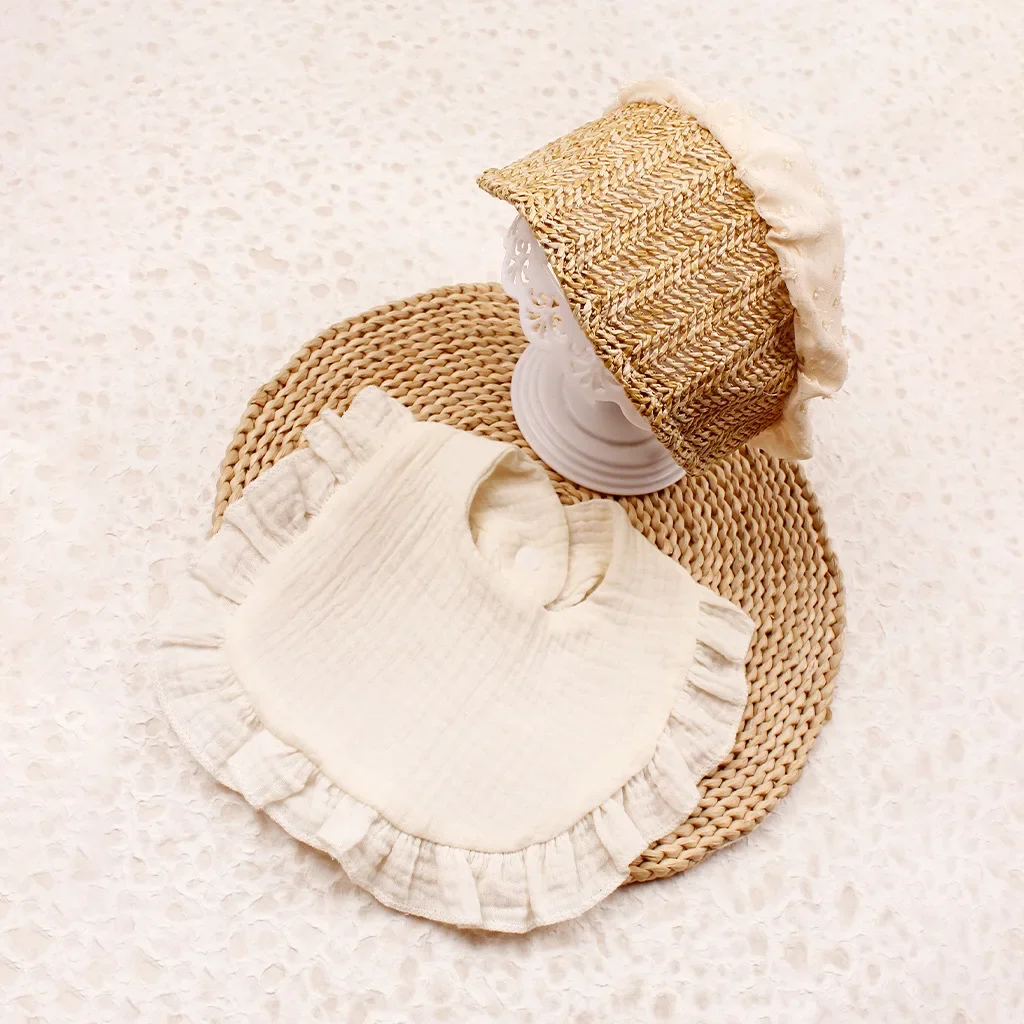Gorro con babero para niños, conjunto de dos piezas con encaje, toalla de baba de algodón para sombrear el sol y protección solar, sombrero de palacio, sombrero de hierba, babero para bebé