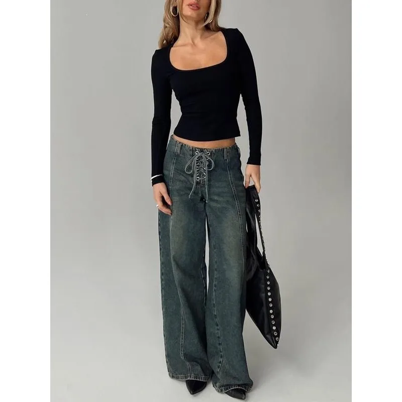 

Retro Blue Flared Jeans High Waist Wide Leg Casual Trousers for Women Spring Summer Fashion Neutral Style Other Material 100%