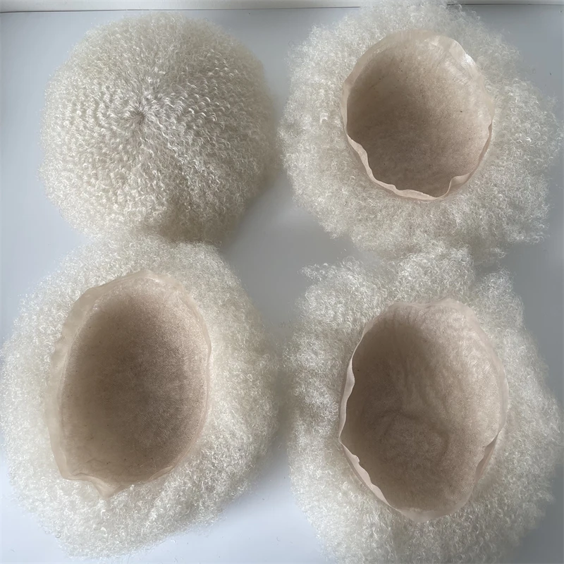 Platinum Color #60 8x10 Full Lace Unit Indian Virgin Human Hair Systems 6mm Wave Root Afro Toupee for Black Men