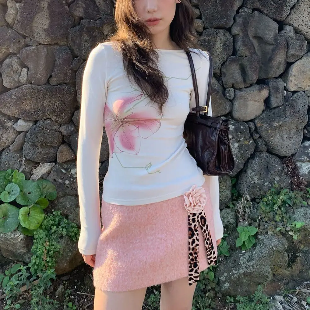 

Fashion Rhinestone Floral Long Sleeve T-shirt Chic Korean Style Slim Fit Top Sweet Ladies Clothing Y2k Crop Tops Spring