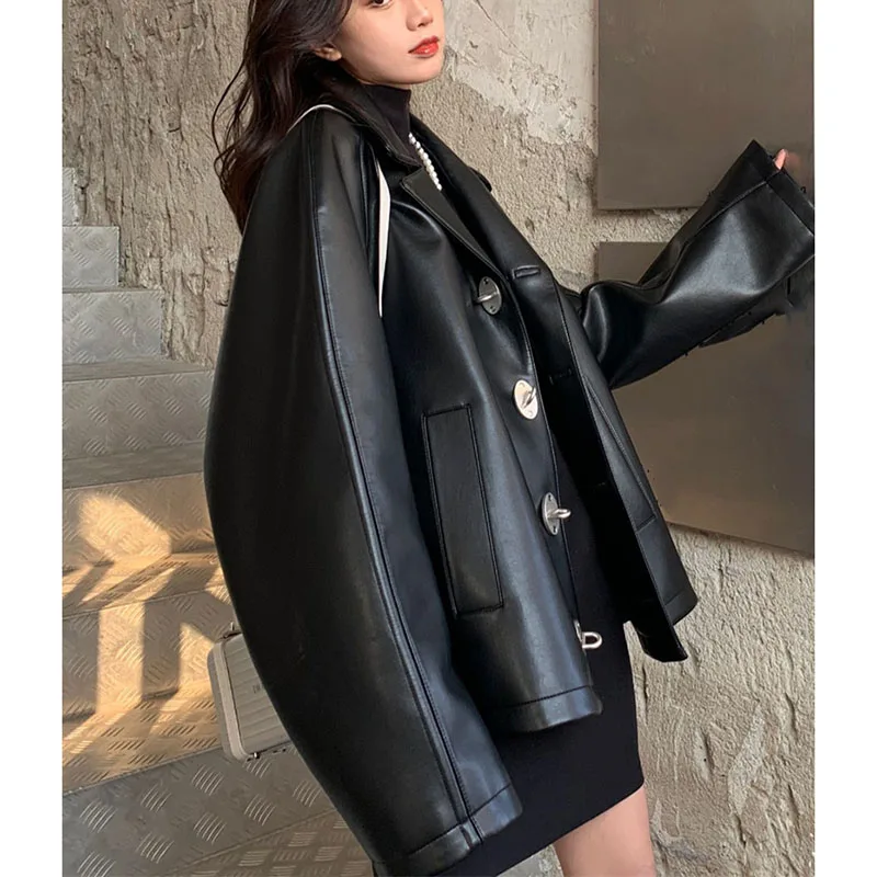 2025 Women Long Sleeves Leather Jacket Korean Lady Fashion PU Leather Outwear Spring Autumn Femme Solid Color Faux Leather Coat