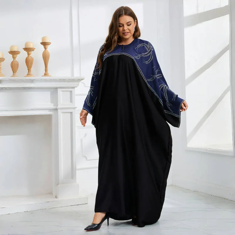 Plus Size Moslim Jurk Vrouwen Zomer Herfst Moslim Lange Mouw Patchwork Diamanten Strass Gewaden Abaya Met Sjaal Jurken Outfits