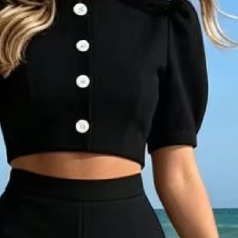 

Summer Women Pantsuit Crew Neck Crop Top and Wide Leg Pants Sets, Casual Pants Lounger Suit for Summer Party Vacation